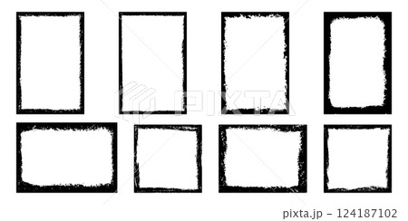 Grunge photo frame. Textured border for post. Worn background for collage. Black vintage frame 124187102