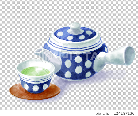 Watercolor illustration of green tea and teapot (retro polka dot) 124187136