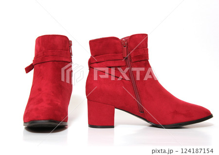 Red Velvet Ankle Boots For Women on White Background 124187154