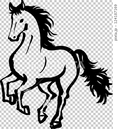 A full-body illustration of a Japanese-style horse drawn by hand with ink 124187169