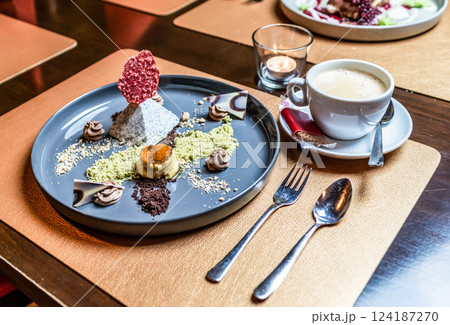 Haute cuisine gourmet and deluxe dessert fine sugar sweet art for coffee Haute cuisine gourmet and deluxe dessert fine sugar sweet art for coffee 124187270