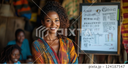 a woman confidently leading a meeting in a small rural community center, standing by a flipchart with financial plans for a cooperative, smiling participants seated around her, with space on the right 124187547