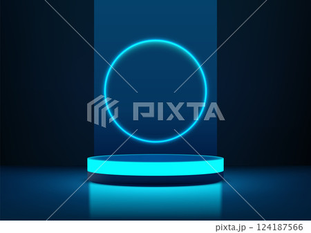 futuristic glowing blue circle on dark background, centered on a round platform modern technology concept, minimalist design, tech showcase 124187566