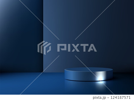 modern blue cylindrical podium on reflective surface, minimalist 3d product display mockup for showcase 124187571