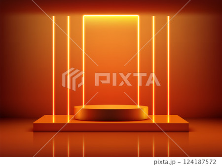 3D Glowing Orange Podium with Neon Lines, Futuristic Technology Concept for Product Display 3D Glowing Orange Podium with Neon Lines, Futuristic Technology Concept for Product Display 124187572