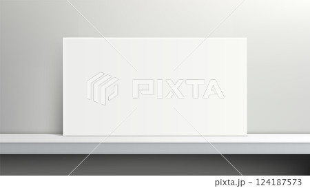 minimalist white paper mockup on gray wall shelf for product display and modern design showcase minimalist white paper mockup on gray wall shelf for product display and modern design showcase 124187573