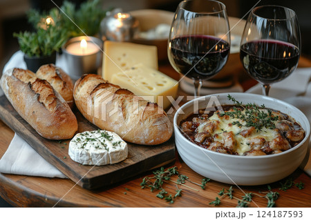 a French farmhouse dinner, featuring a rustic baguette, cheese board, coq au vin, and red wine, served on a wooden table with elegant linens and warm candlelight 124187593