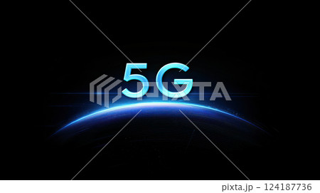 5G network logo glowing above digital horizon, symbolizing innovation and speed 5G network logo glowing above digital horizon, symbolizing innovation and speed 124187736