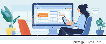 tech savvy individual using mobile app for ecommerce while desktop shows customer support chat 124187746