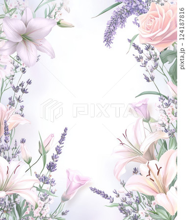 delicate floral frame with soft pastel flowers like pink roses, white lilies, and lavender, creating gentle ambiance for text 124187816