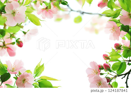 beautiful floral border with pink flowers and green leaves, perfect for text placement 124187841
