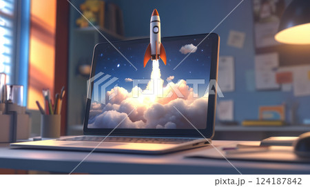 realistic photo of laptop modern minimalistic desk with rocketship launching from screen, creating sense of adventure and 124187842