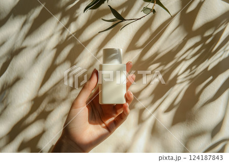 minimalist flat lay featuring hand holding white hair oil bottle against beige background, with soft shadows creating serene 124187843