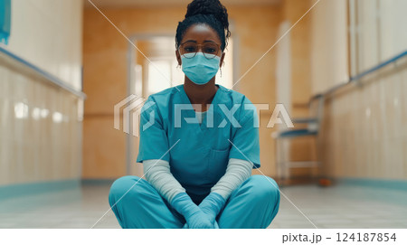 Tired and overwhelmed, female nurse in scrubs sits on floor, wearing mask and gloves, reflecting challenges of healthcare 124187854