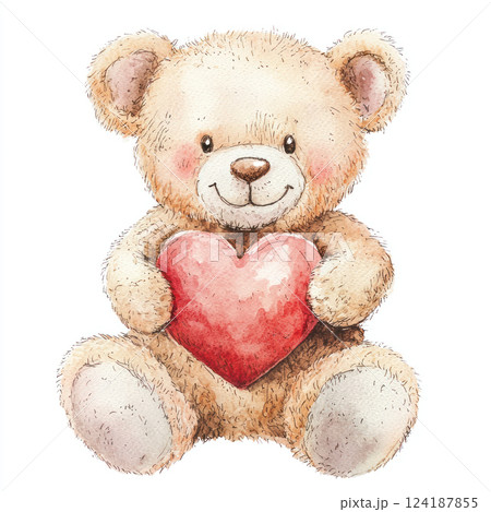 Cute teddy bear holding red heart, showcasing warmth and affection. Perfect for children decor or gifts 124187855