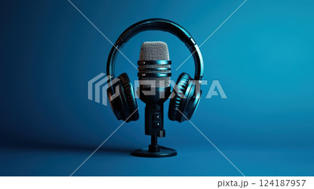 Low angle shot of microphone with headphones, symbolizing audio quality and power of voice in podcasts 124187957