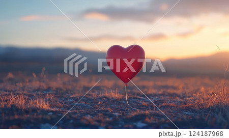 red heart balloon stands alone in serene landscape at sunset, symbolizing love and connection red heart balloon stands alone in serene landscape at sunset, symbolizing love and connection 124187968