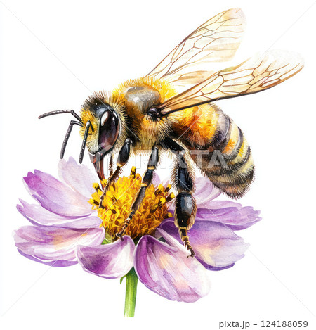Watercolor depiction of honeybee on flower, showcasing vibrant details and sharp focus, perfect for commercial use 124188059
