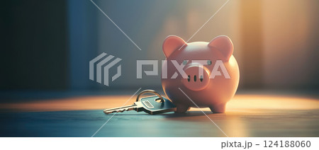 Piggy bank with house key symbolizes saving for down payment on home 124188060