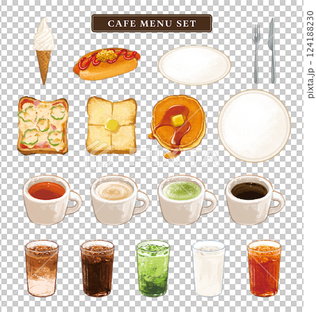 カフェフードとドリンクの手描きイラストセット 124188230