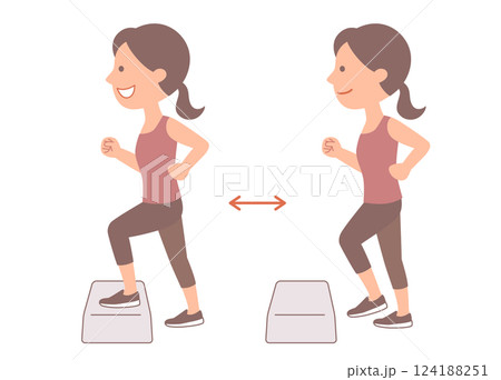 踏み台昇降運動で体力をつける若い女性　セット 124188251