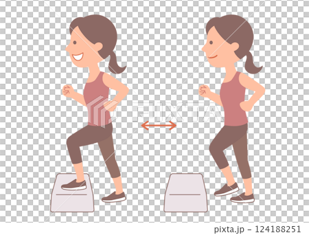 踏み台昇降運動で体力をつける若い女性　セット 124188251
