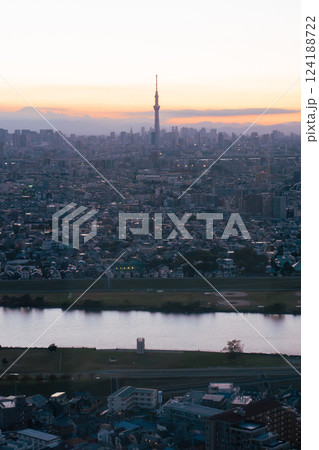 Sunset at Tokyo Sky Tree and Mt fuji with cityscape view from the Ichikawa I-link town Observation deck Sunset at Tokyo Sky Tree and Mt fuji with cityscape view from the Ichikawa I-link town Observation deck 124188722