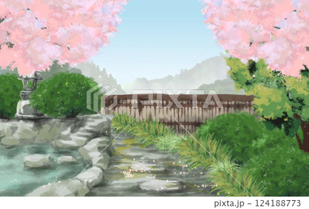桜の花が咲く伝統的な和風の庭のイラスト 124188773