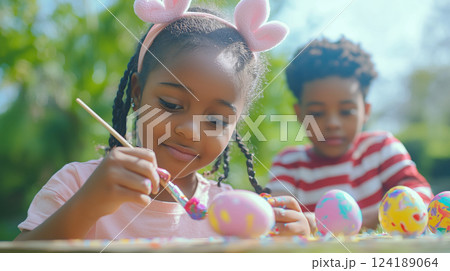 Joyful children creating colorful art during springtime outdoor activity 124189064