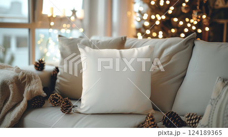 Square pillow mockup on sofa in a cozy winter room. With lights, and a window view, warm decor for lifestyle product staging. Square pillow mockup on sofa in a cozy winter room. With lights, and a window view, warm decor for lifestyle product staging. 124189365