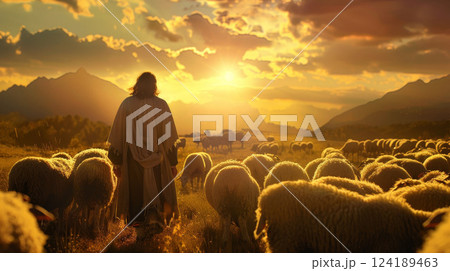 Jesus Christ standing among a flock of sheep, biblical religious scene. Perfect for themes of faith, Christianity, and spiritual storytelling. Jesus Christ standing among a flock of sheep, biblical religious scene. Perfect for themes of faith, Christianity, and spiritual storytelling. 124189463