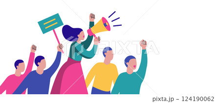 A flat-style illustration of a protest scene featuring a woman with a megaphone, and a group of activists holding signs and raising fists, with a copy space. Ideal for websites, articles, posters. A flat-style illustration of a protest scene featuring a woman with a megaphone, and a group of activists holding signs and raising fists, with a copy space. Ideal for websites, articles, posters. 124190062