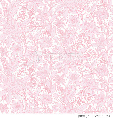 A seamless floral pattern with delicate pink line-art flowers on a white background. Suitable for fabric prints, wallpapers, gift wrapping, stationery, wedding invitations, branding, home decor. A seamless floral pattern with delicate pink line-art flowers on a white background. Suitable for fabric prints, wallpapers, gift wrapping, stationery, wedding invitations, branding, home decor. 124190063