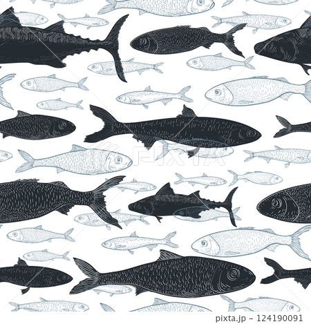 Black silhouette sardine and mackerel fish vector seamless pattern. Contour hand drawn of small sea fish on repeating background. Design for packaging, textile prints, wrap, nautical themed designs. 124190091