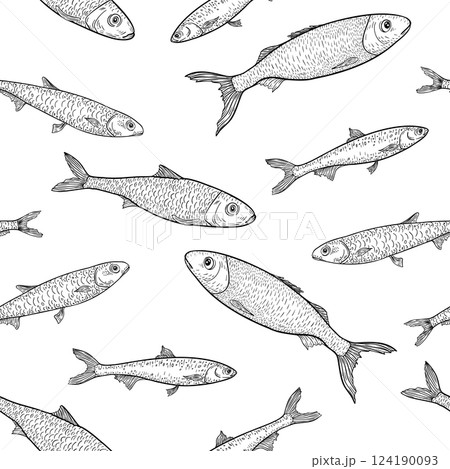 Black white vector seamless pattern of sardines, sprats, and anchovies. sea fish hand drawn on repeated background. Design for wrapping paper, fabric, seafood branding, and nautical projects. 124190093