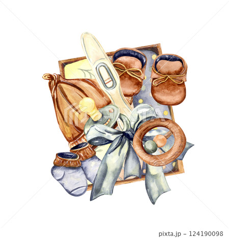 Watercolor illustration of a baby gift set with a pregnancy test Watercolor illustration of a baby gift set with a pregnancy test 124190098