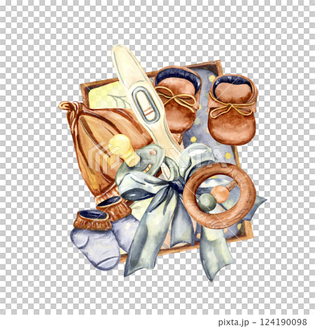 Watercolor illustration of a baby gift set with a pregnancy test Watercolor illustration of a baby gift set with a pregnancy test 124190098