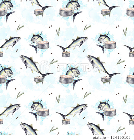 Seamless pattern with hand-drawn tuna fish, canned tuna 124190103