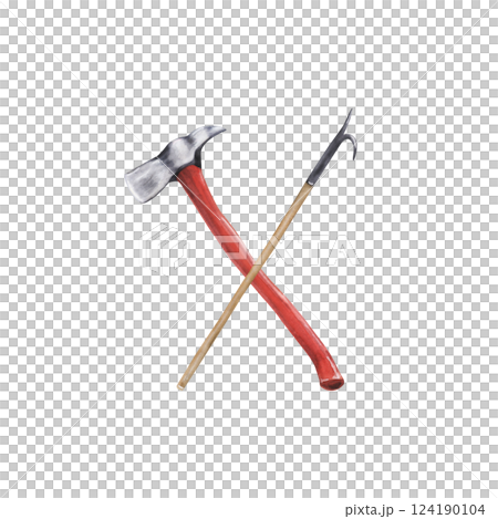 Watercolor illustration of crossed firefighter axe and pike pole Watercolor illustration of crossed firefighter axe and pike pole 124190104