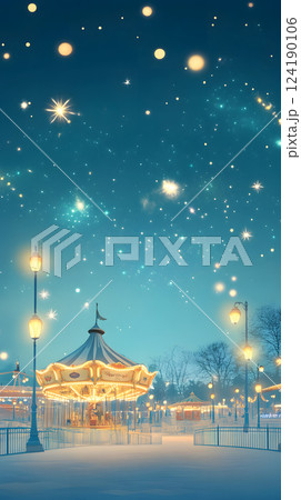 星空の下の遊園地。輝くメリーゴーランドと観覧車 124190106