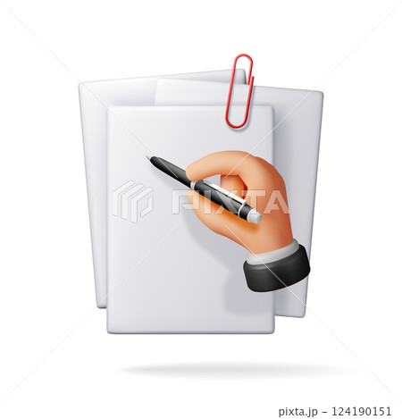 3d white blank paper page and hand with pen 124190151