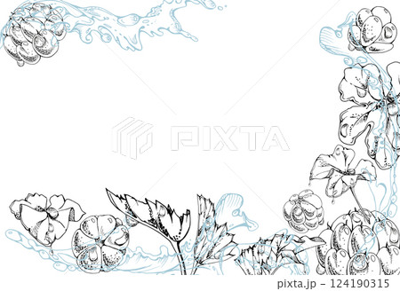 Cloudberry raspberry flying in wave water splashes with drops, hand drawn vector ink, ripe line forest berry and leaves. Border frame illustration for restaurant, cafe menu, wedding, farmers market Cloudberry raspberry flying in wave water splashes with drops, hand drawn vector ink, ripe line forest berry and leaves. Border frame illustration for restaurant, cafe menu, wedding, farmers market 124190315