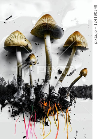 Funky Mushrooms with Vibrant Roots on Reflective Surface 124190349
