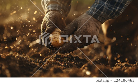 Farmer harvesting fresh potatoes from soil, copy space 124190463