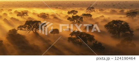 Misty savanna landscape with trees in golden morning light, panoramic top view 124190464