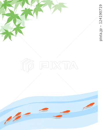 涼しげな川を泳ぐ金魚と夏のもみじの背景フレーム 124190719