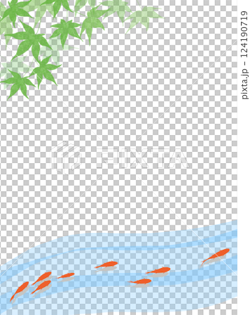 涼しげな川を泳ぐ金魚と夏のもみじの背景フレーム 124190719