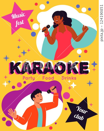 Karaoke invitational poster. Man and woman hold mic, nightclub or festival party flyer design. Vertical advertising. Entertainment show. Vocalist performance. Vector cartoon flat isolated illustration Karaoke invitational poster. Man and woman hold mic, nightclub or festival party flyer design. Vertical advertising. Entertainment show. Vocalist performance. Vector cartoon flat isolated illustration 124190851