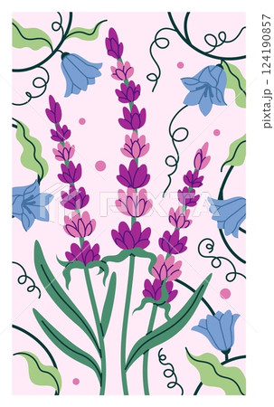 Holiday flower background. Lavender flower. Vertical poster, notebook cover, flyer design. Decorative botanical elements. Purple plants, violet blossom. Vector cartoon flat style isolated illustration 124190857