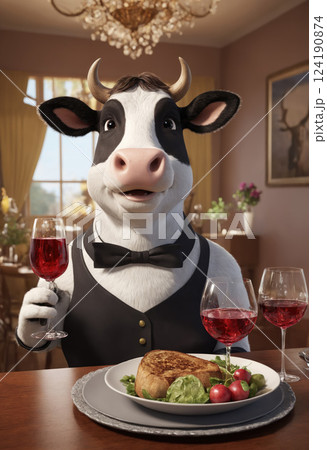 Funny cow drinking wine. Cute animal 124190874
